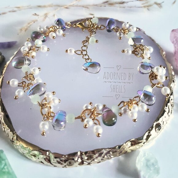 Charms Beaded Bracelet, Blue Mint Green Teardrop Crystals & Pearls Gold Jewelry - Picture 9 of 11